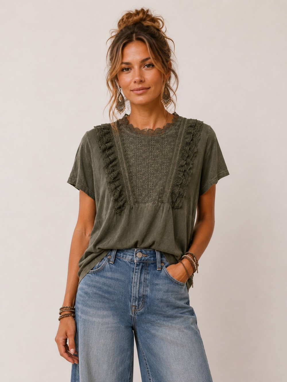 New POL Green Ruffled Short Sleeve Blouse with Bib Collar